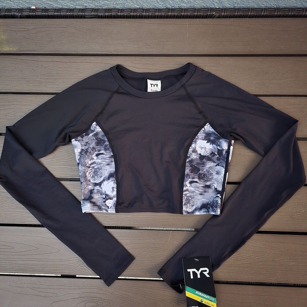 TYR Women's Black/White Verona Rose Maya Long Sleeve Crop Rashguard Top Sz S New